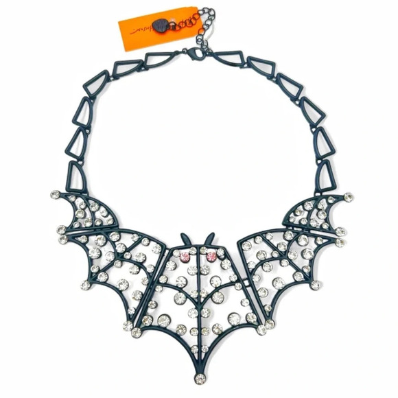 BETSEY JOHNSON SET Halloween Black Bat Crystal-Studded Necklace & Earrings NWT - Picture 2 of 7